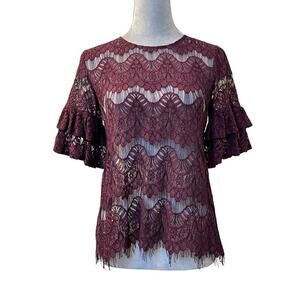Inny Top Womens M Burgundy Boho Lace Crochet 3/4 Bell Sleeve Fringed Back Zip